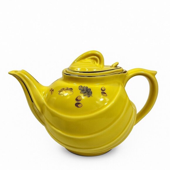 Hall Teapot Vintage #0799 Canary With Gold Trim Leaves & Acorns Hook Lid 6 Cups - Picture 5 of 16